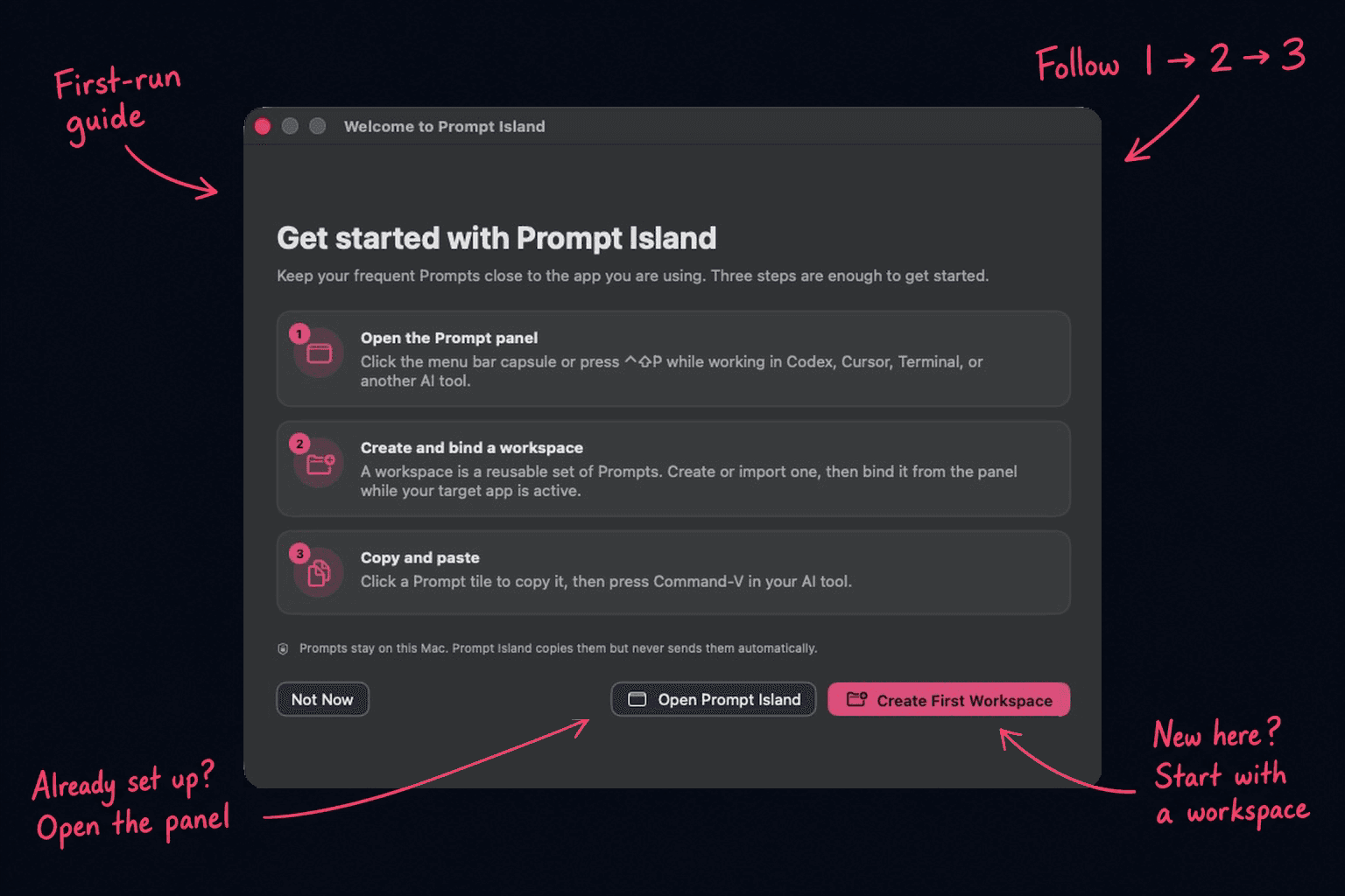 Prompt Island English first-run welcome page with handwritten annotations