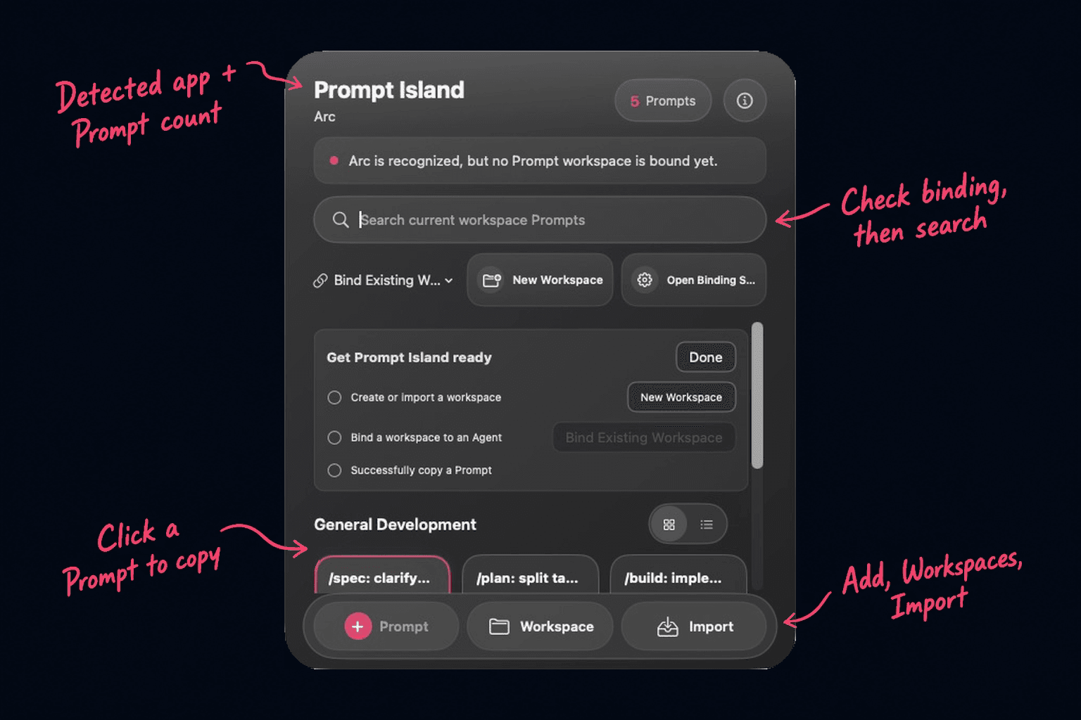 Prompt Island English main panel with handwritten annotations