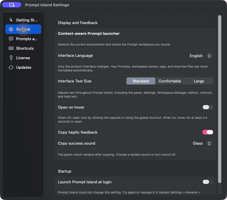 Prompt Island Settings in English